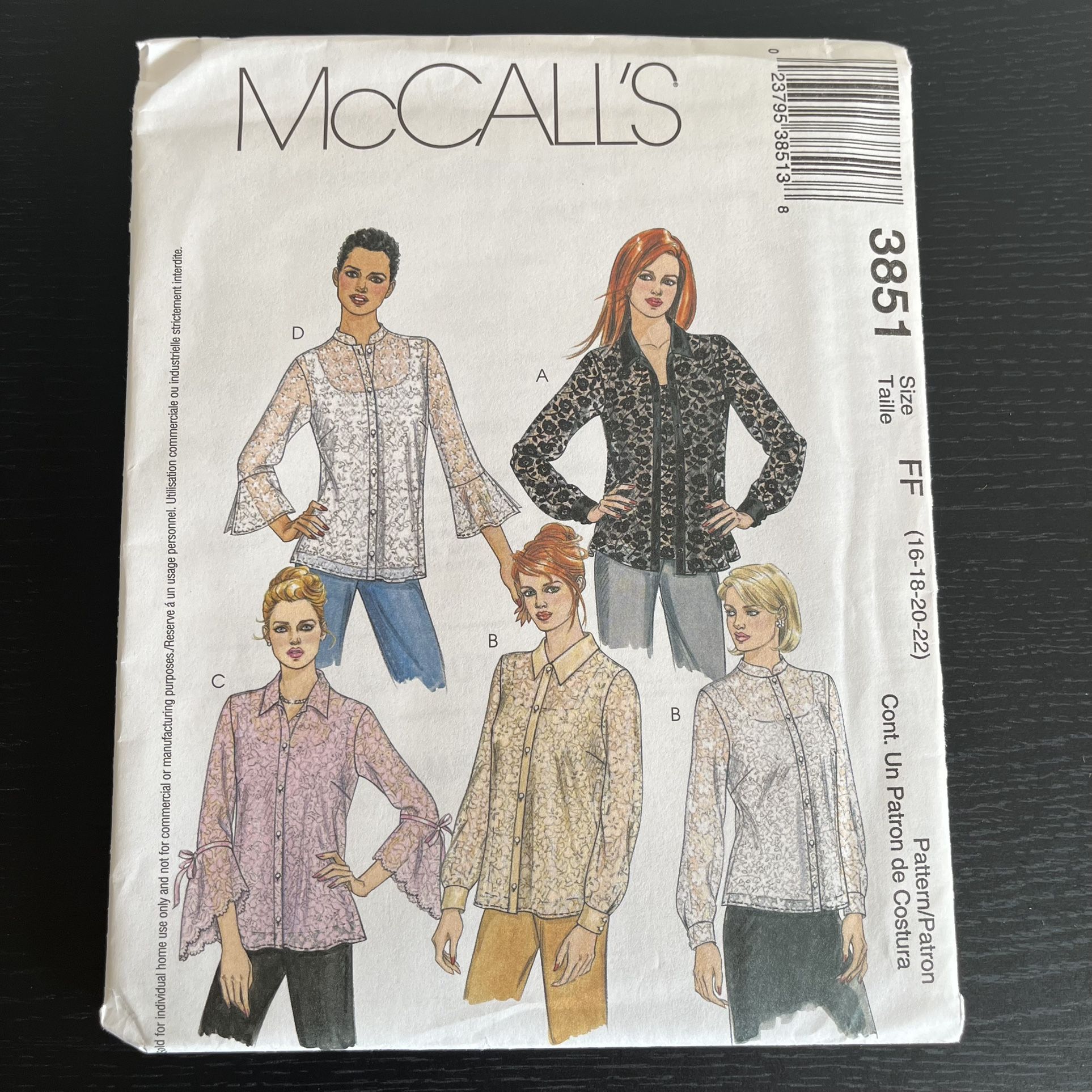 McCalls Sewing Pattern 3851 Size 16 - 22 Shirt Camisoles 2002