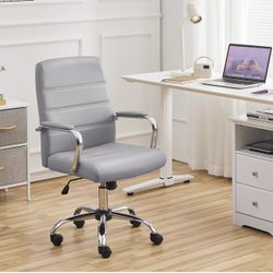 Mid-Back Office Chair with Arms Swivel PU Leather Height Adjustable Office Executive Chair, Light Gray