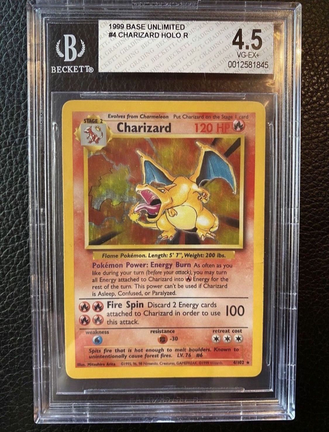 Pokémon 1999 Charizard Base #4/102 Unlimited Holo Card!!! Graded 4.5 BGS!!🔥🔥