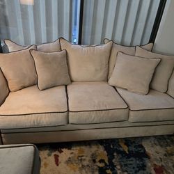 Beige 3-Seater Couch + Light Blue Loveseat Set w/ Ottoman & Table – $250