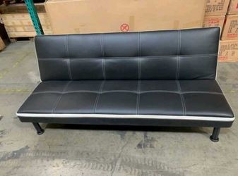 Brand New Black Leather Tufted Futon With White Trim
