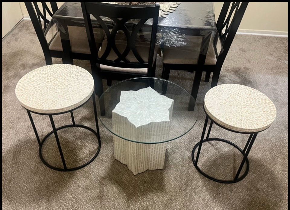 Contemporary set of 3 piece capiz shell mother pearl inlay coffee and side table details in the photos pickup Gaithersburg md20877
