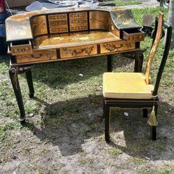 Antique Harpsichord Style Oriental Desk With Matching Chair
