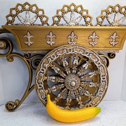 Vintage 1971 3D Flower Cart MCM Hollywood Regency Gold Burwood Wall Planter Plaque