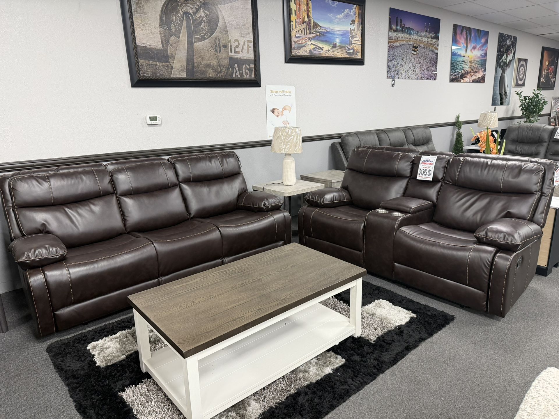 2PC Brown Sofa & Loveseat 5x Recliners