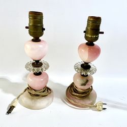 2 Vintage Art Deco Rose Pink Milk Glass Boudoir Vanity Lamps 9.5” Tall