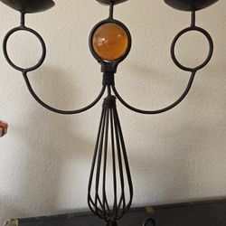 Vintage Wrought Iron Candle Holder Candelabra Amber Stone Crystal 