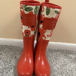 COACH Poppy Red Floral PEARL Tall Rain Boots Size 8B EUC