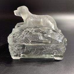 Vintage Vallerysthal Dog Clear Frosted Glass Covered Dish Trinket Jewelry Box Helping my 90 year old friend downsize and sell some things