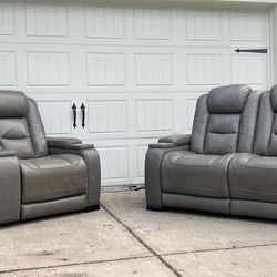 Leather Power Reclining Set. Sofa & Loveseat With Power Headrests By Ashley.