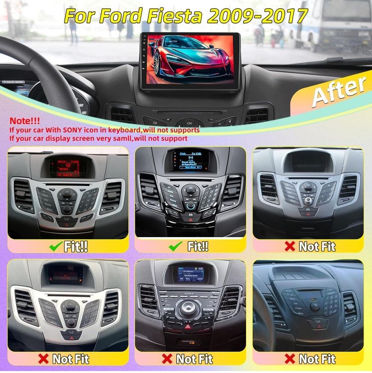 8 Core Car Radio for Ford Fiesta 2009 2010 2014 with Wireless Carplay & Android Auto Android 13 4+64G 9 Inch Touchscreen Radio with WiFi & 32EQ DS Audio & Speakers