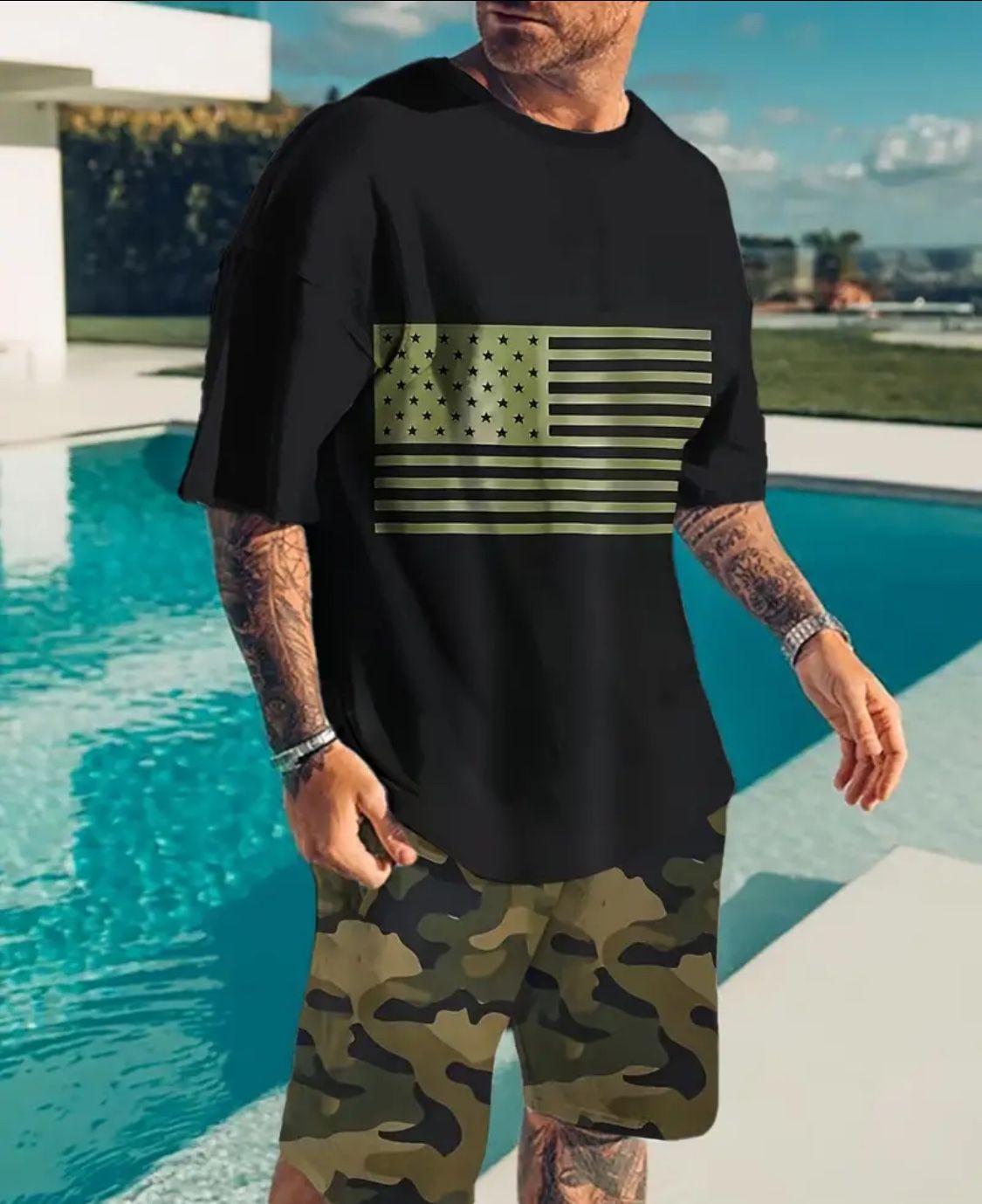 2-piece Men's Summer Casual Sports Outfit Set, Men's Flag Print Short Sleeve T-shirt & Camo Shorts Set