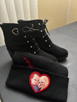 Chuckys Bride Beanie & size 8 black suede bootso