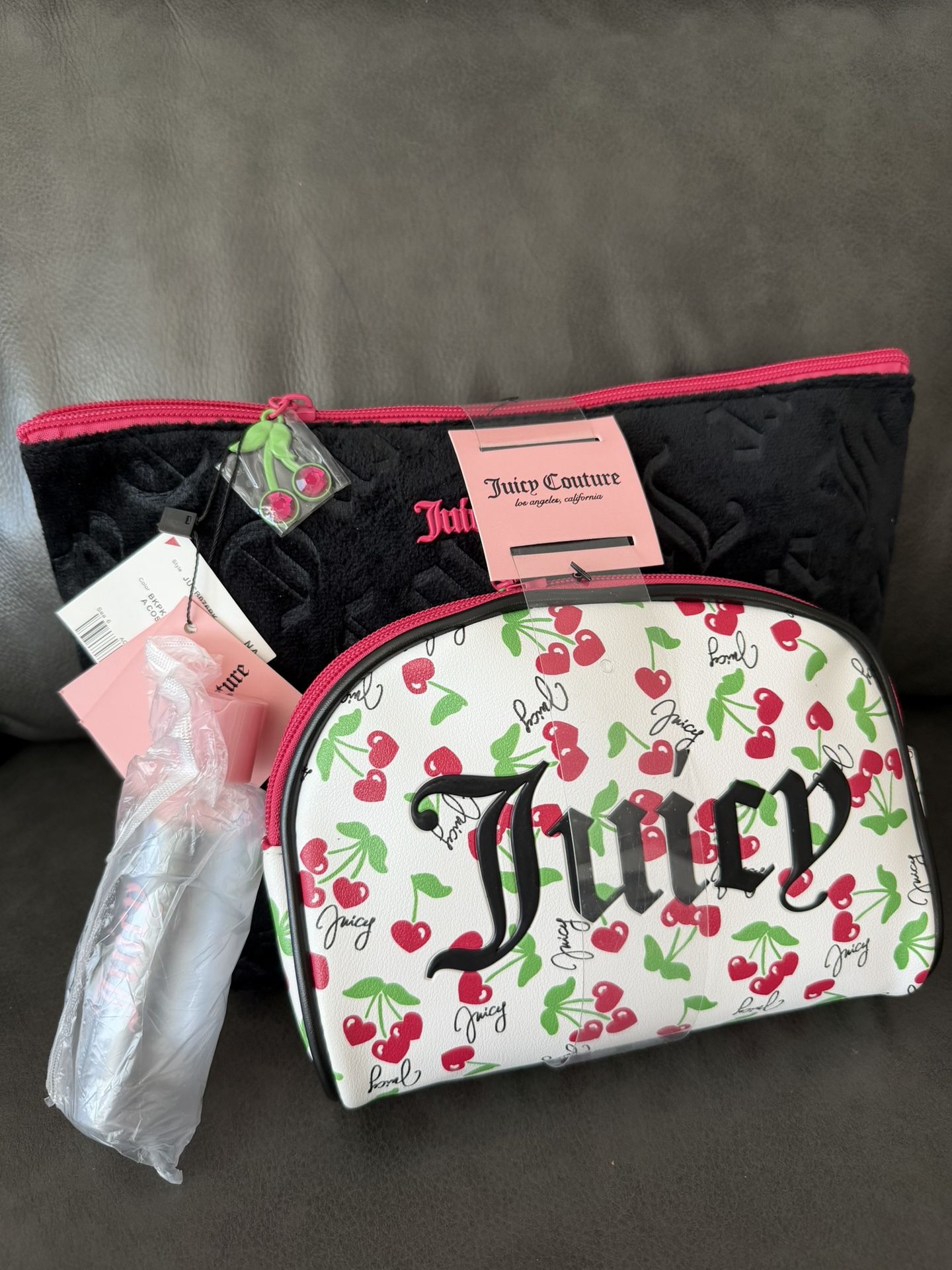 Juicy Couture 2 Piece Travel Cosmetic Bag Makeup Bag and toiletry bottle  Brand new  Approx 12” x 8” and 8” x 6”