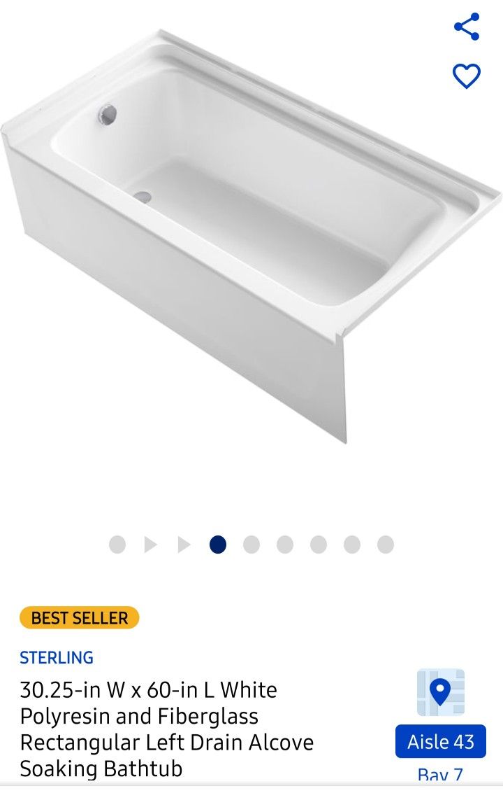 Sterling, 30.25"W x 69"L, Left Drain, Polyresin & Fiberglass, Alcove Soaking Bathtub