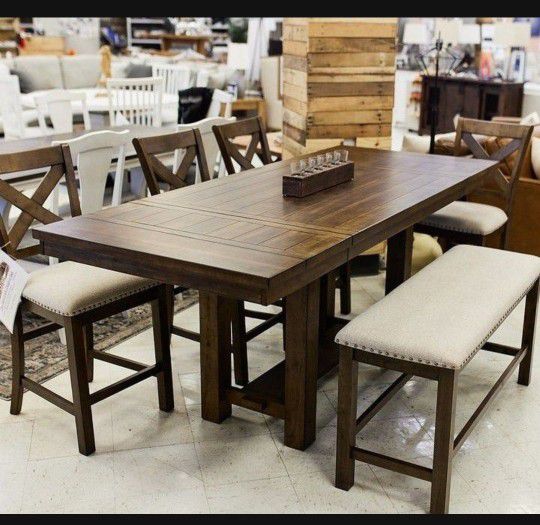 Extension Rectangular Natural Brown Counter Height Dining Table,Bar Stools And Bench 🥂Kitchen/Dining Set💥New Brand💎 Financing Options 🤩 On Display