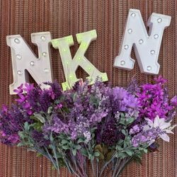 Purple/Lilac artificial flowers & Letters N/K- Party Decor