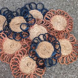 9 Rare Vintage Raffia Straw Flower Glass Drink Coasters Or Small Plant Pots For Your Table. Blue + Rust Color. 60's-70's.East or West