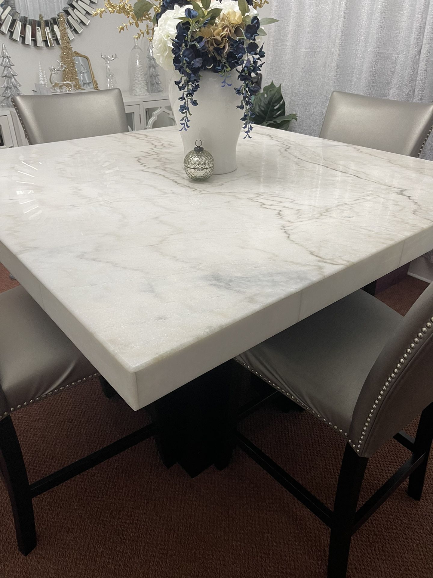 Counter-Height Marble Dining Table and 4 Upholstered Stools