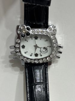 Hello Kitty Women’s Watch with Rhinestone Crystals Black Band-Needs batteries