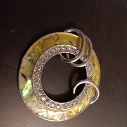 STUNNING RARE 2.5" Flourescent Abalone & Rhinestone Ring Pendant.

