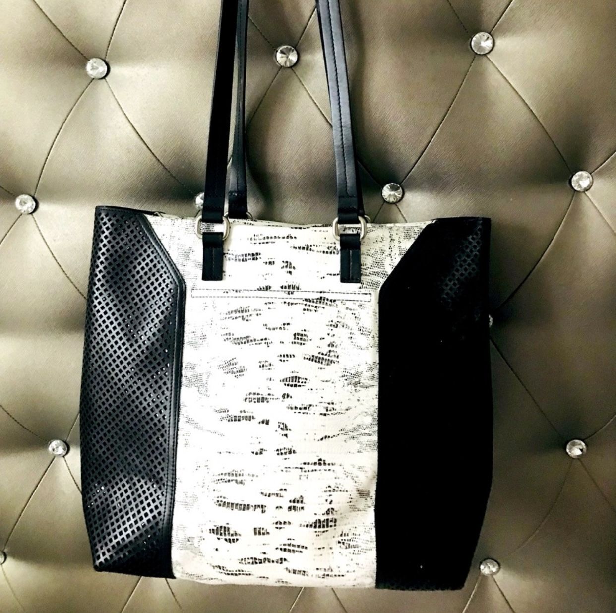 Foley & Corinna Snake Print Black/ White Leather Shoulder Bag 13”-13”-4”. Beautiful and very unique large bag has long straps and short straps.. No li