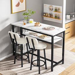 Modern kitchen, bar, high platform dining table and chairs. 5-layer compact restaurant table, white