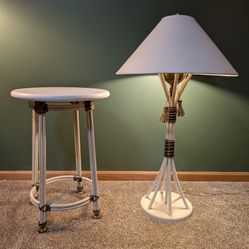 FRENCH ART DECO BRASS & METAL TABLE LAMP & ACCENT TABLE SET~GILBERT POILLERAT 