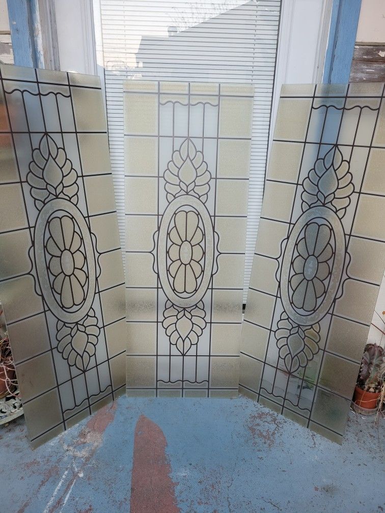 3 Antique Etched Glass Window Panels 15 3/4 "x 41 1/2"