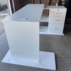 White L Shaped 55in Desk with Lock Drawers Storage, Shelves, Rotating, Power Strip New