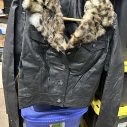Leather Jacket Used Woman Size S Black #07