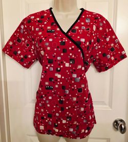 SB Scrubs Red Printed Wrap Top with Black Trim