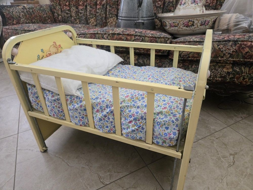 Metal Doll Antique Doll Crib With Wheels Vintage 1950s Metal Doll