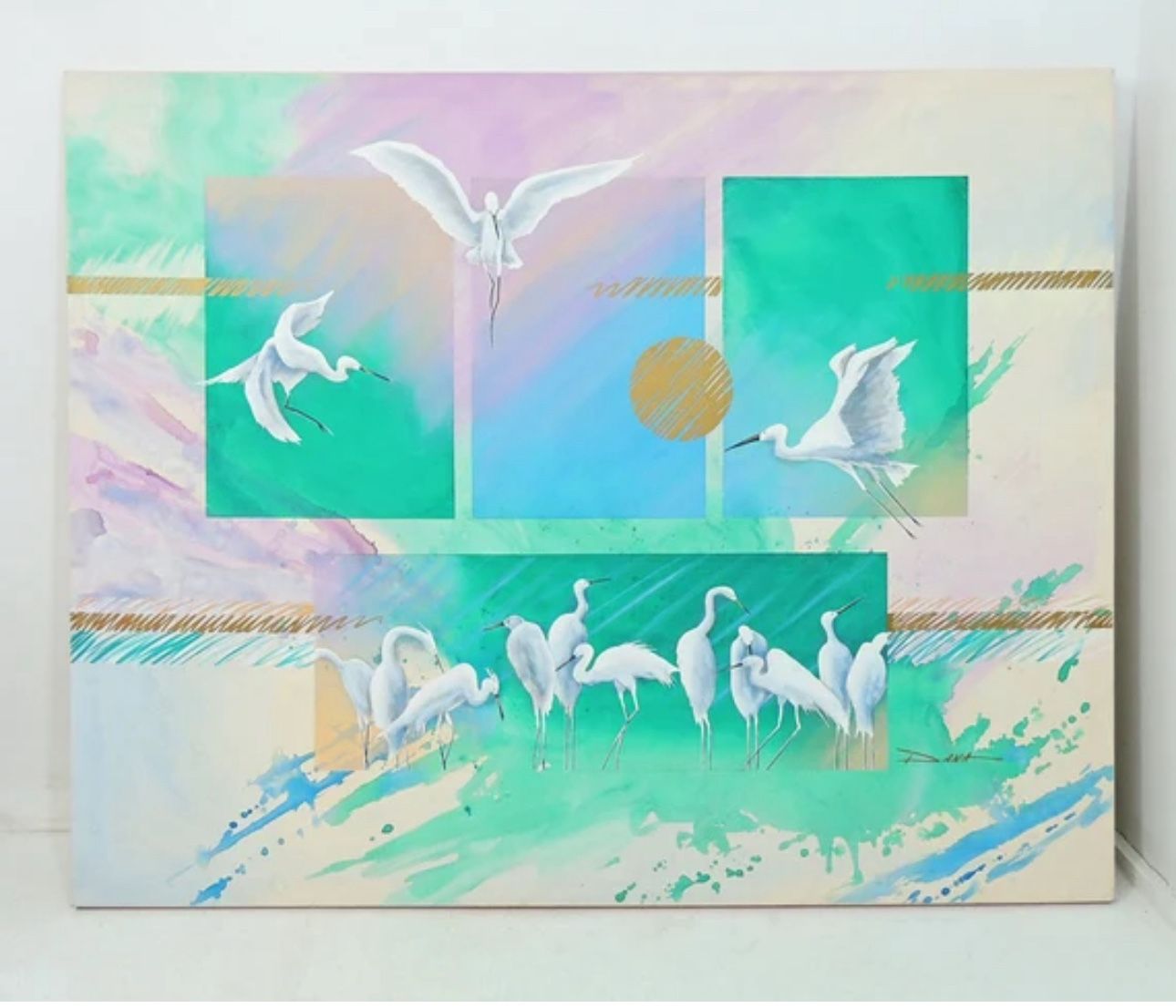 Original Large Geometrical Fantasy Abstract Great White Heron Painting on canvas by Dana 60" x 48"