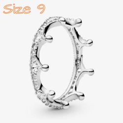 Size 9 Clear Sparkling Crown Silver Ring
