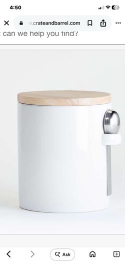 Crate & Barrel Aspen White Ceramic Canister with The Wood Lid and Stainless Steel 1Tsp Scoop H5”, 5” in diameter