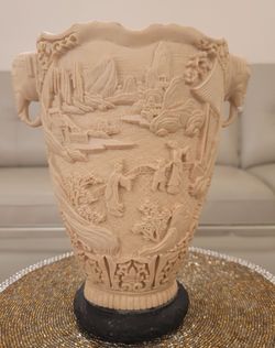 ❗️DEAL❗️Carved Resin Vase With Elephant Handles and Asian Scenic Relief