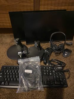 Dual Monitor Setup w/ Keyboards, Mouse, Headset & Cables - Complete Workstation Bundle