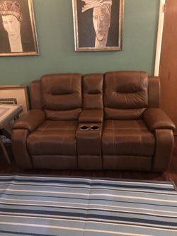 Brown Leather Manual Reclining Sofa