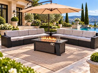 new outdoor Large furniture set with fire pit and 11 ft umbrella