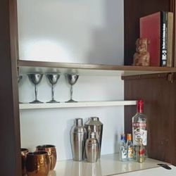 Mid Century Walnut Finish Bar Storage Bookshelve Wall Cabinet