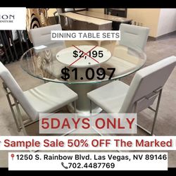 AICO (High-end) 5 Pcs Dining Set (Glass Top Dining Table , 4 Leather Chairs) 