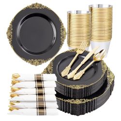 175PCS Black Plastic Plates - Disposable Black Gold Party Plates & Pre Rolled Napkins with Cutlery for 25 Guests, 50Plates, 75Silverware, 25Cups, 25Na