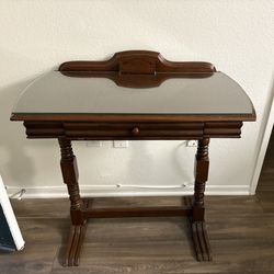 Vintage Style Wood Table with Drawer, Semi-Circle w/ glass top