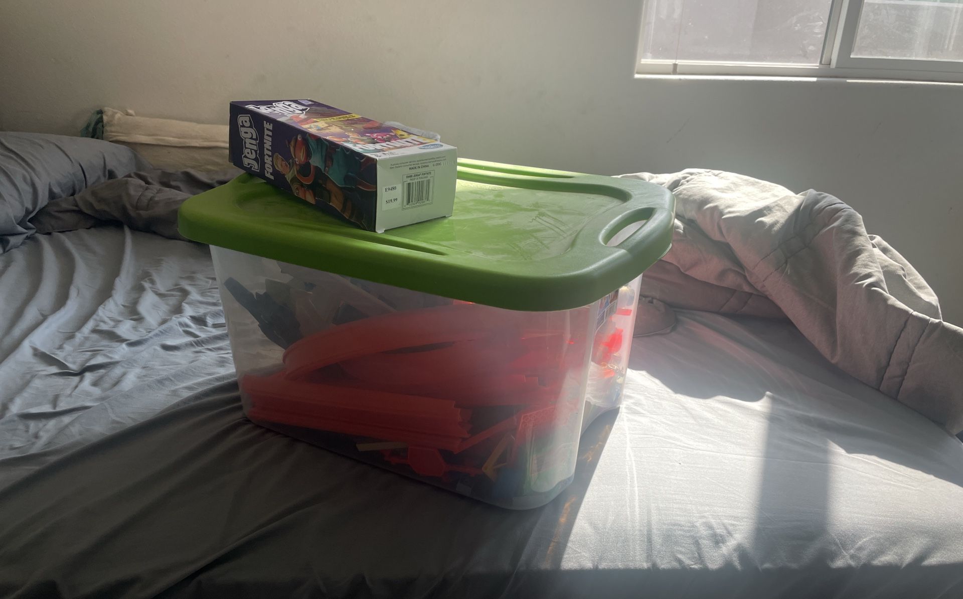 Big Box Of Hot Wheels Tracks And Nerf Guns Also Comes With Jenga