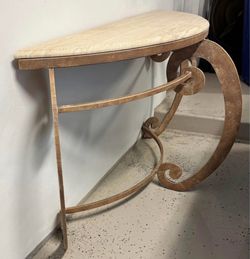 Travertine and Wrought Iron Demi-Lune Console Table