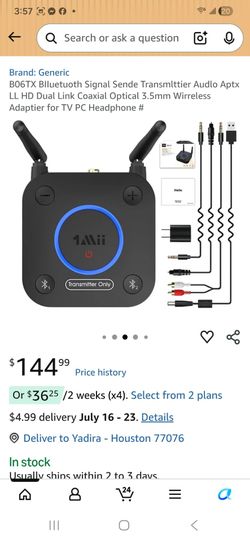 B06TX Blluetuoth Signal Sende Transmlttier Audlo Aptx LL HD Dual Link Coaxial Optical 3.5mm Wirreless Adaptier for TV PC Headphone #
OOEN BOX,  BUT IT