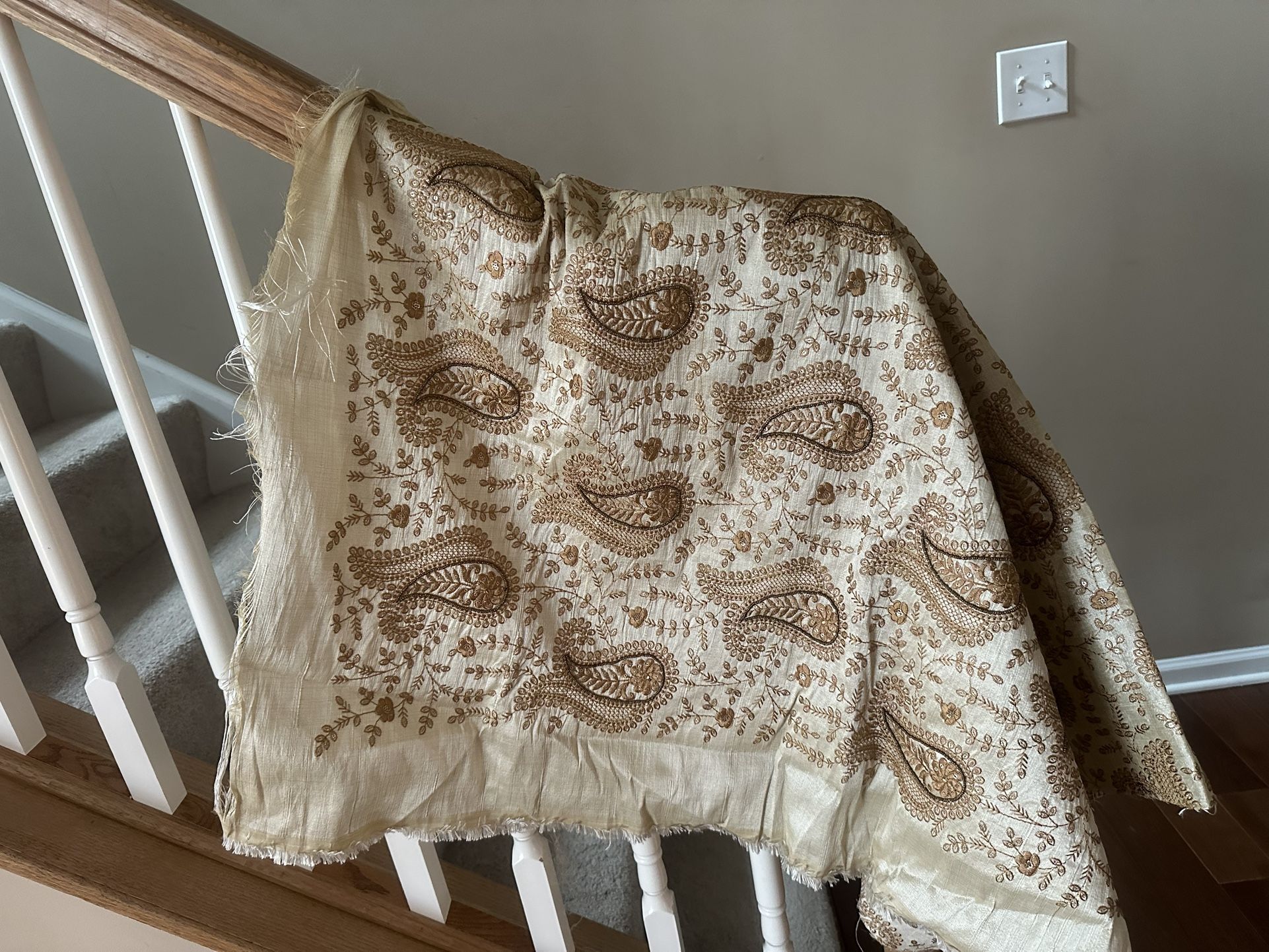 Raw Silk feel Cream Beige Fabric with Golden Embroidery 41 x 46” From India