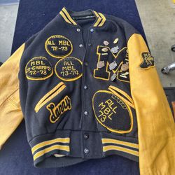 Vintage 60s Howe Letterman Varsity Jacket Distressed Wool Leather Black Yellow Track Pins