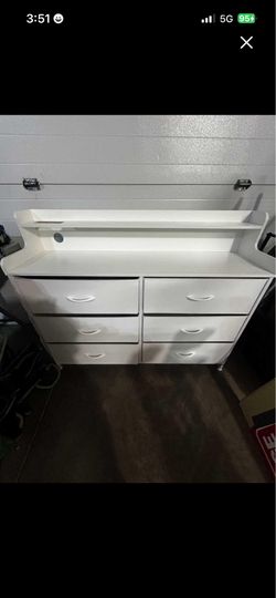 White dresser 36”T 43.5”L 12”D 6 fabric drawers built-in charging area open top shelf side storage